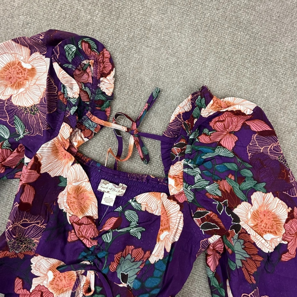 Band Of The Free Blouse Top Women S Purple Floriane Floral Smocked Split Cropped